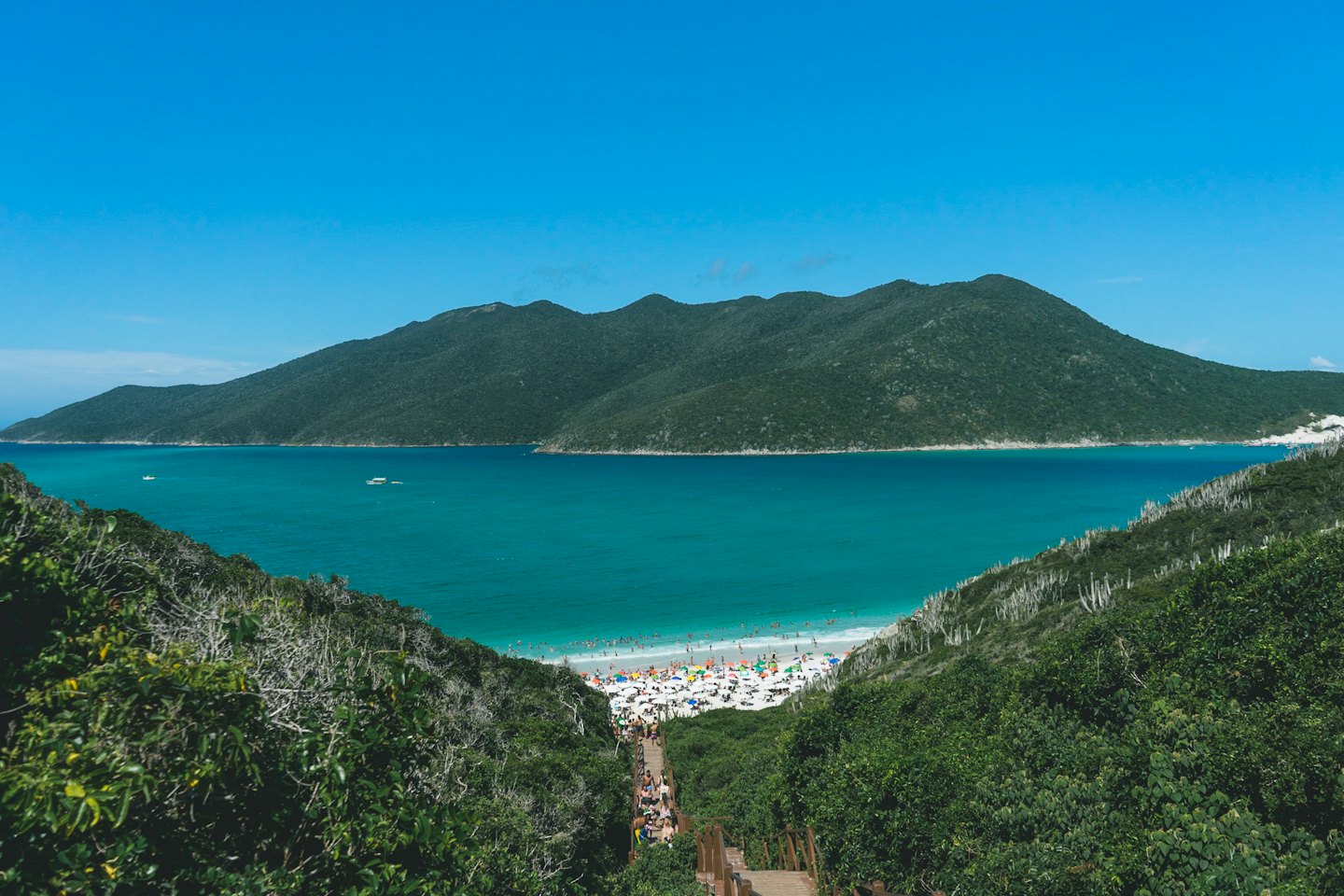 Scale di legno scendono verso una spiaggia affollata con ombrelloni colorati.